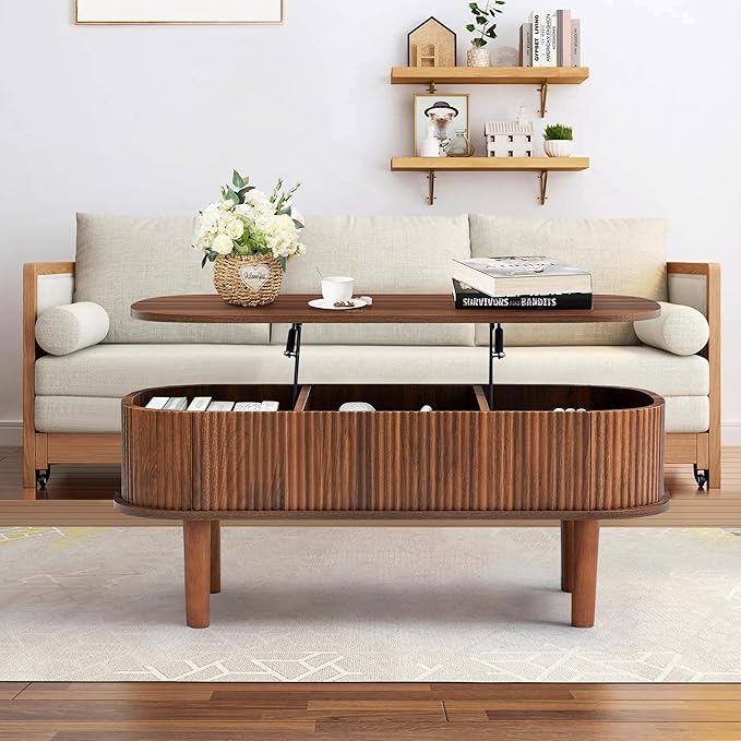 Fluted Lift Top Coffee Table with Hidden Compartment, Fully Assembled Wooden Center Table, Modern Oval Lift Tabletop for Home Living Room Office, Walnut