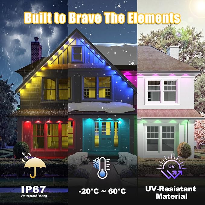Permanent Outdoor Lights, 50ft RGB+IC Smart LED Lights Outside, IP67 Waterproof Smart Outdoor Decorations with App/Remote Control for Christmas, Halloween, Holiday, Daily, Party