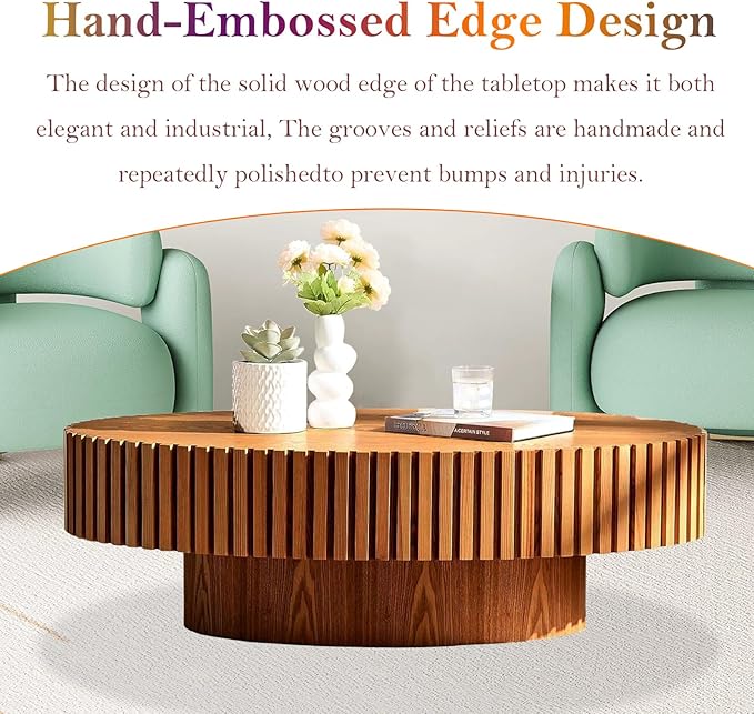43.3in Fluted Side Tables Living Room Modern Chic Drum Coffee Table - Spacious Tabletop, for Small Space - Living Room Apartment Study,Wood