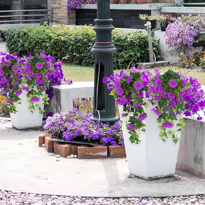 RECUTMS Artificial Fake Hanging Flowers Plants for Outdoor Decoration, 2 Pcs UV Resistant Faux Petunias Trailing Plants Realistic Flower Look Real for Door Wall Yard Porch Garden Planter (Fuchsia)
