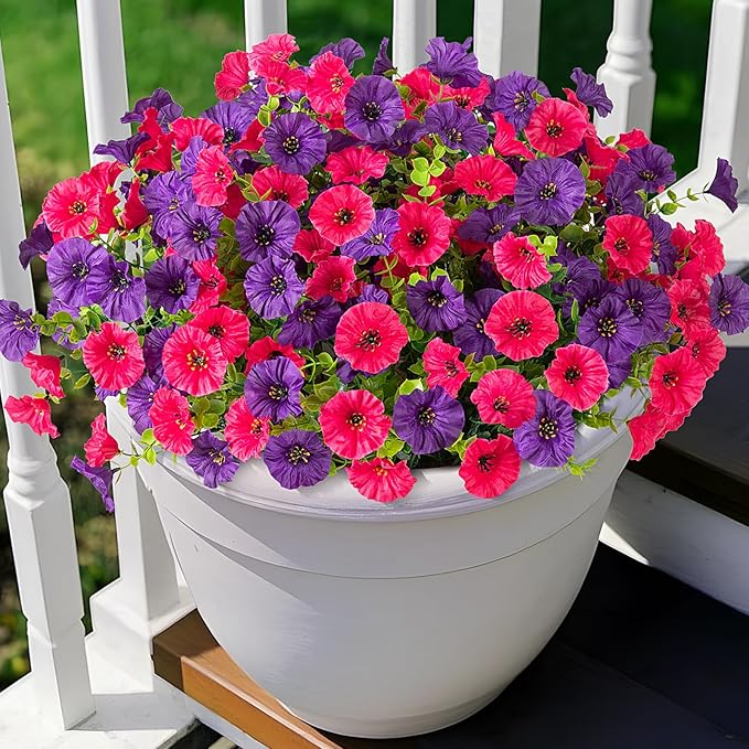 Artificial Flowers for Outdoors Decoration, 10 Bundles Fake Plastic Flower Plant, Faux Colorful Silk Morning Glory Petunias for Spring Summer Outside Garden Porch Front Door Decor, Rose Purple