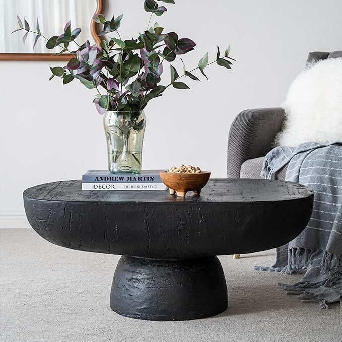 Oval Coffee Table Modern Faux Stone Circle Center Table Accent End Side Table for Living Room, Magnesium Oxide, 36" Black