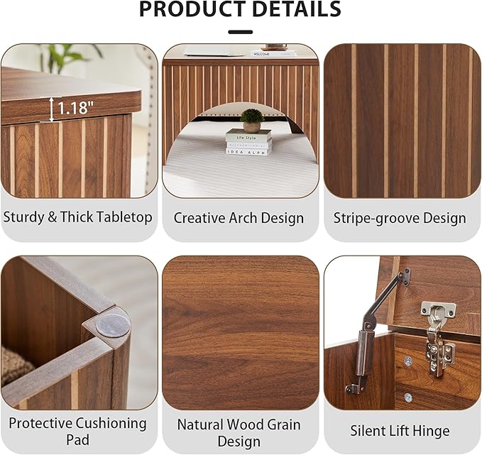39'' Square Coffee Table with Storage, Farmhouse Lift Top Coffee Table for Living Room Fluted Wood Center Table Arched Dining Table with 2 Hidden Storage Compartment (Walnut)