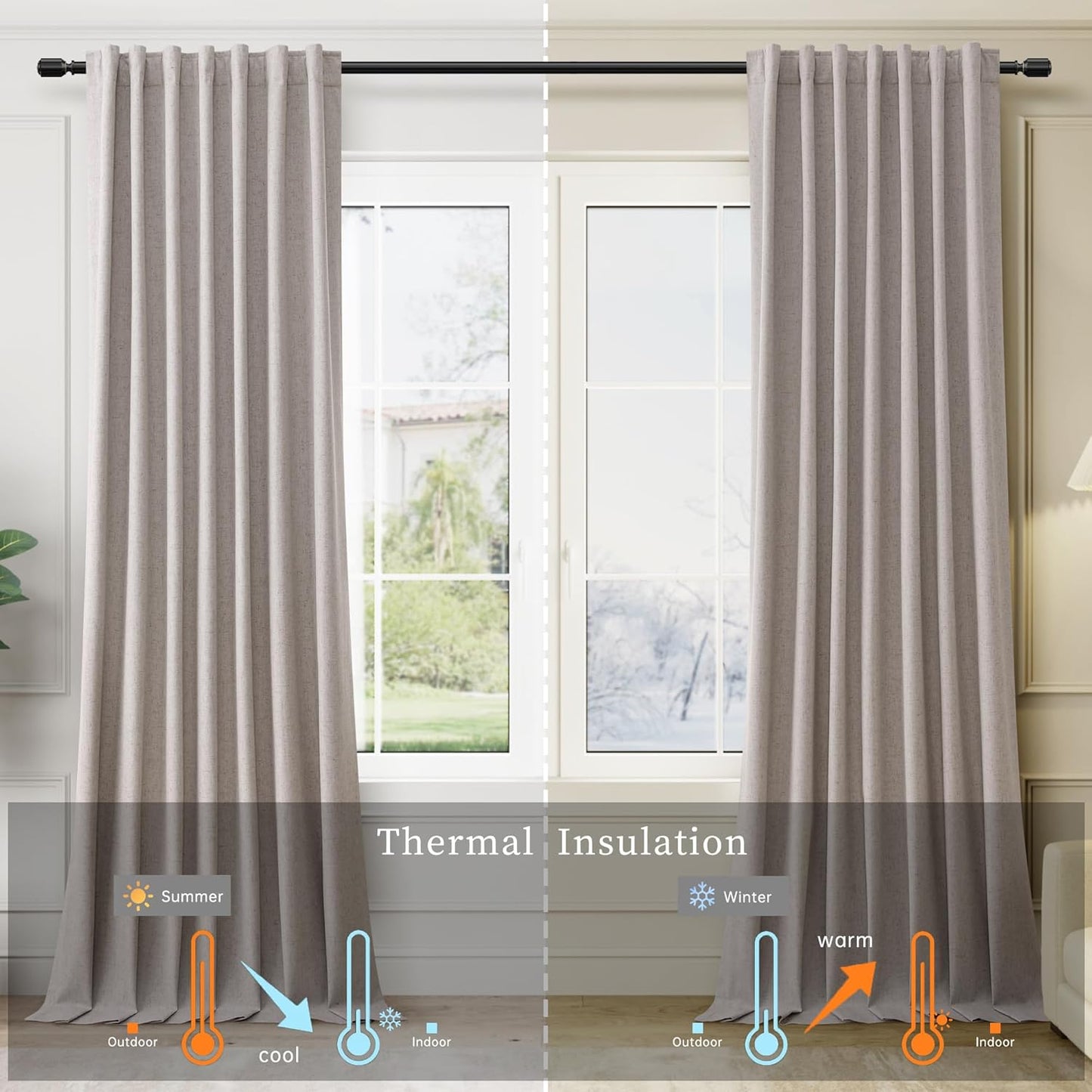 Linen Blackout Curtains for Bedroom 72 Inch Length 2 Panels Set Room Darkening Curtains Brownish Grey Black Out Curtain Neutral Thermal Insulated Living Room Winter Window Drapes Back Tab 52x72