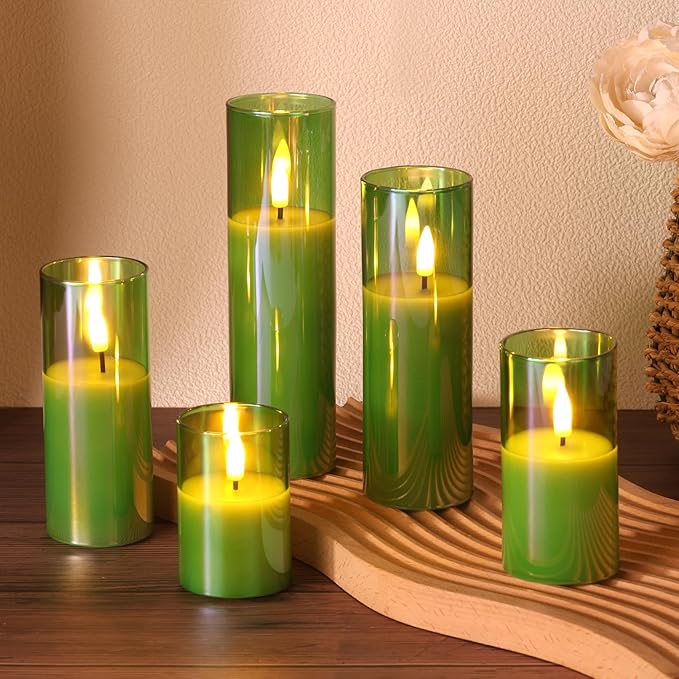 Green Christmas Glass Flameless Candles with Remote Batteries, Flickering Slim Tall LED Pillar Candles Set of 5