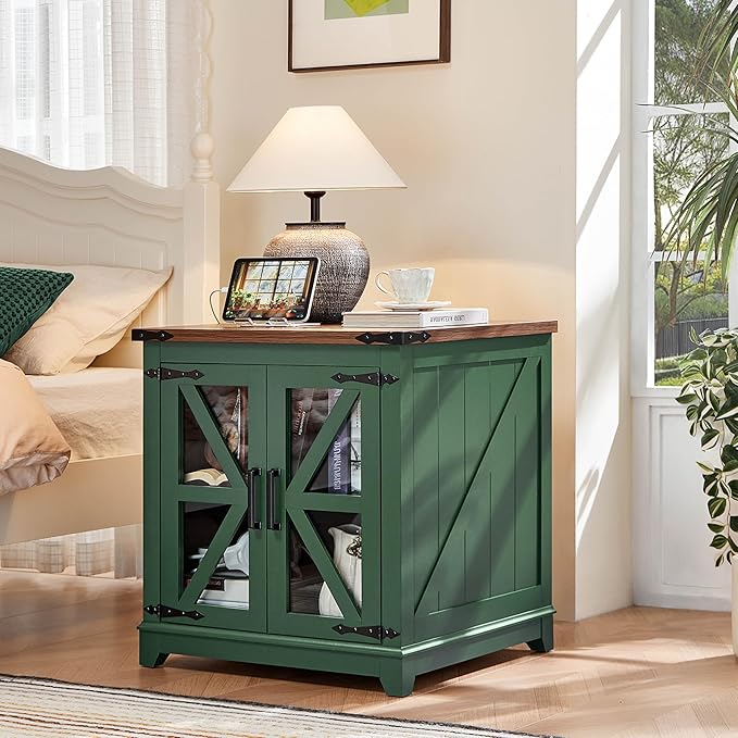 Farmhouse End Table Set of 2, 24" Large Sofa Side Table with Charging Station Glass Barn Door, Wood Nightstand with Adjustable Storage Shelf, Square Bedside Table for Living Room, Bedroom,Office-Green