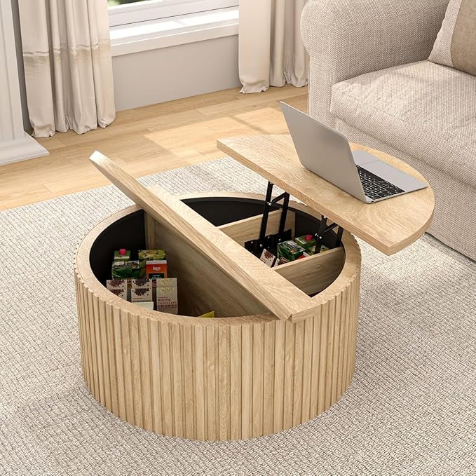 Lift Top Coffee Table with Storage, Round Coffee Tables for Living Room, 34.6'' Farmhouse Fluted Coffee Table, Wood Center Table with Large Hiddern Storage Compartment (Wood Color)