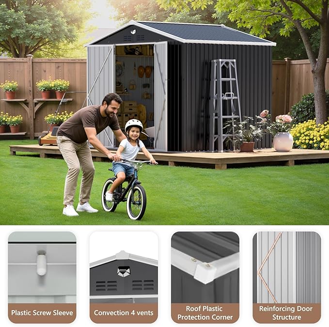 10x8 FT Outdoor Storage Shed, Metal Sheds & Outdoor Storage, Waterproof Sheds with Lockable Doors for Backyard (Black, No Window)