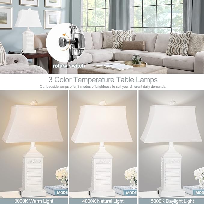 Hamucd Table Lamps for Living Room Set of 2, Coastal White Bedside Lamps for Bedroom with USB A+C Outlet Modern Resin 3-Color Temperature Nightstand Lamp for End Table (Bulbs Included)