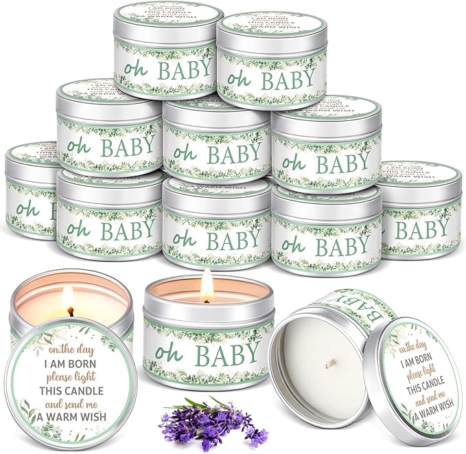 Funtery 12 Pcs Baby Shower Party Favors for Guests Baby Shower Candles Lavender Scented Candle Rustic Tealights Candles Gender Reveal Return Gifts(Leave)
