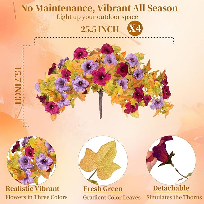 4PCS Artificial Fall Fake Flowers Plants for Outdoor Decoration No Fade Faux Petunias UV Resistant Realistic Autumn Silk Flowers for Home Garden Balcony Yard Porch Deco (Burgundy Purple)
