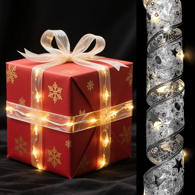 uxcell LED Lights Copper Wire Ribbon, 9.84Ft 30 Battery Powered Christmas Tree Decorations String for Party Weddings Christmas Tree (Silver, Warm Light)