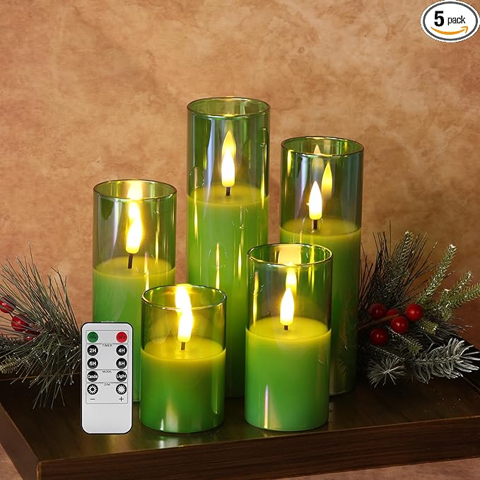 Green Christmas Glass Flameless Candles with Remote Batteries, Flickering Slim Tall LED Pillar Candles Set of 5