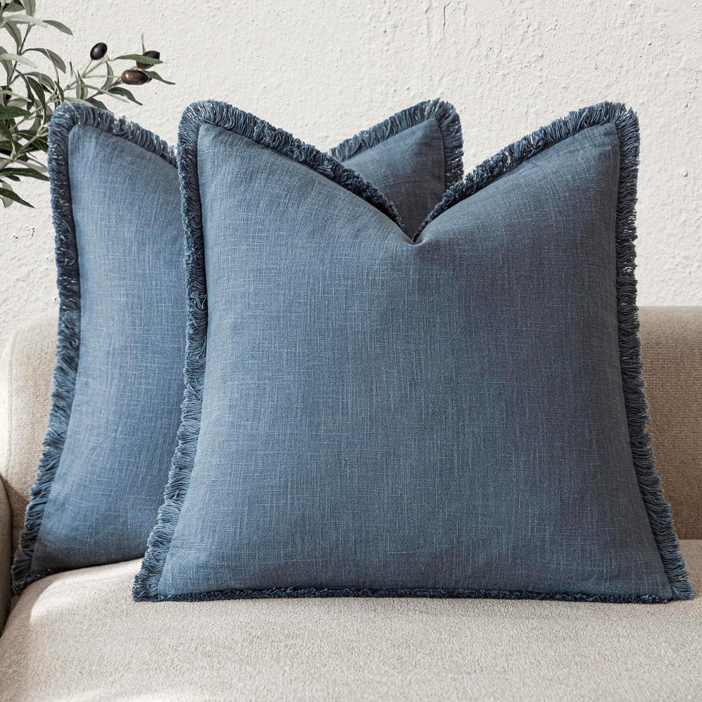 Foindtower Set of 2 Decorative Linen Fringe Throw Pillow Covers Cozy Farmhouse Cushion Cover with Tassels Accent Pillowcase for Couch Chair Sofa Bed Living Room Home Decor,22×22 Inch,Dark Blue