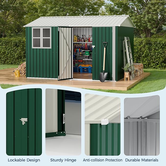 8x10 FT Outdoor Storage Shed,Metal Tool Shed with Clear Window, Lockable Doors,Large Garden Storage Box with Sloping Roof，Sheds&Outdoor Storage for Backyard Garden Patio Lawn, Navy Blue
