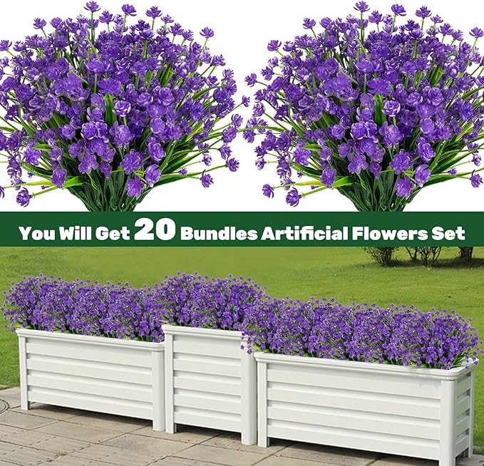 Lnoicy 20pcs Artificial Flowers for Outdoor,Plastic Flowers Decoration, UV Resistant Faux Flowers Shrubs, Artificial Plants for Indoor Outside Garden Home Wedding Farmhouse（Purple）