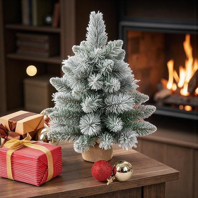 1FT Unlit Snow Flocked Artificial Holiday Christmas Tree No Lights, Full Hinged Spruce Branch Tips for Home, Office, Party Decoration No Prelit Foldable Base