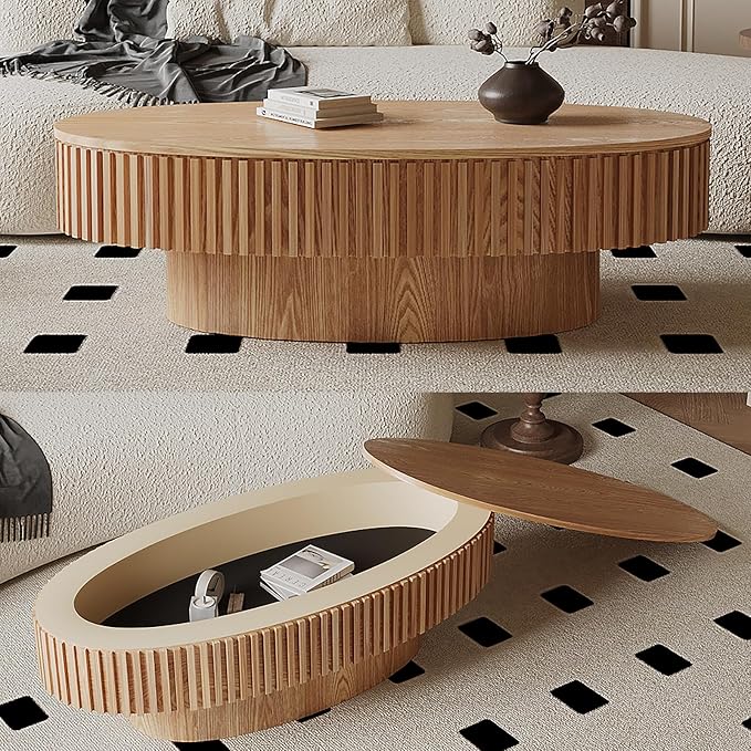 47" Oval Coffee Table with Hidden Storage Compartment, Modern Handcraft Fluted Drum Coffee Table, Wooden Oval Center Table Cocktail Tea Table with Sturdy Pedestal for Living Room, Natural