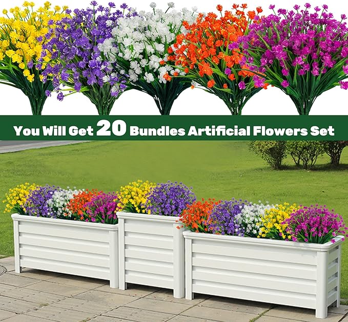 Lnoicy 20pcs Artificial Fake Flowers,Plastic Flowers for Outdoor Decoration, UV Resistant Faux Flowers Shrubs, Artificial Plants for Indoor Outside Garden Home Wedding Farmhouse（5 Color）