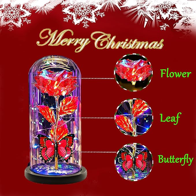 Christmas Flowers Gifts for her Women Mom Wife,Womens Gifts for Christmas, Rose Flowers Gift Light Up Rose in Glass Dome,Birthday Gifts for Woman（Red）