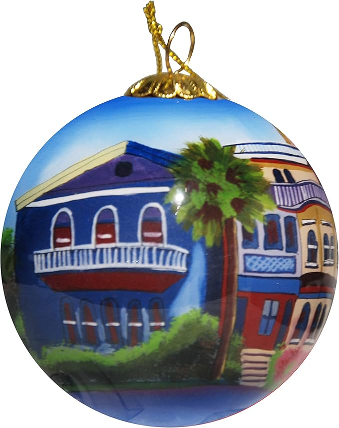 Blown Glass Christmas Ornament | Rainbow Row Houses Savannah | Hand Painted Inside | Original Art | Includes Gift Box