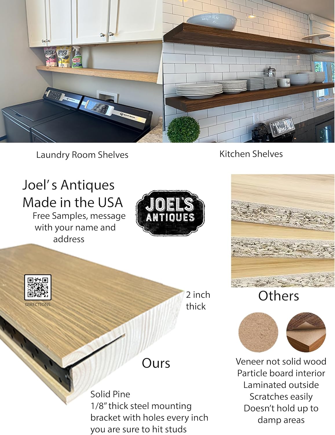Joel's Antiques - 30 Inch Wooden Floating Shelves for Wall - 30x12x2 in - Made of Natural Wood - Long Heavy Duty Rustic Wall Shelves for Bedroom - Perfect for Living Room, Kitchen - Natural
