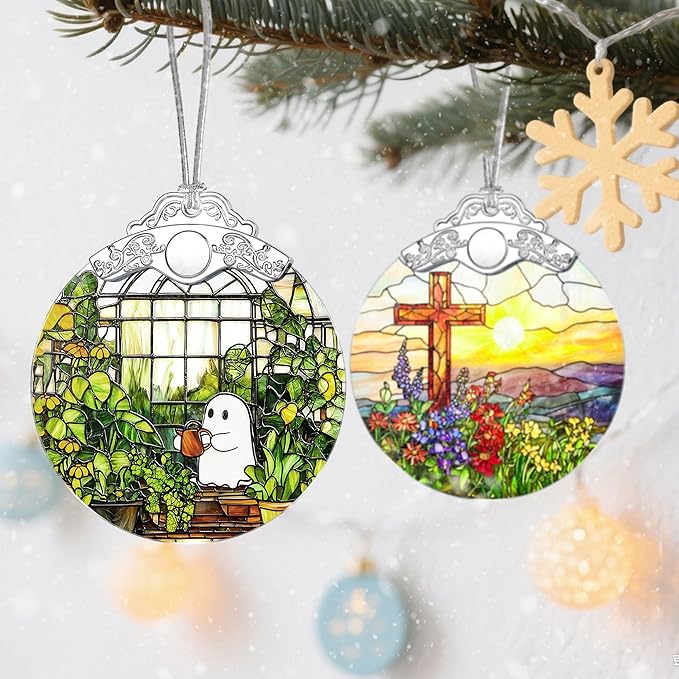 Halloween Ghost Ornament, Stained Glass Christmas Decorations, Christmas Ornaments for Tree, Holiday Ornament, Plant Lovers Gifts, Holiday Party Gifts, Gift Ideas & Xmas Gift