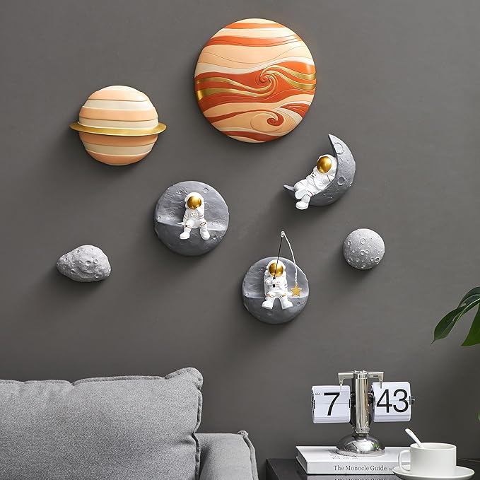 4Pcs Outer Space Planets Wall Decor Cute Wall Sculptures Astronauts Galaxy Nursery Decor, 3D Outer Space Theme Bedroom Wall Decorations for Kids Room Boys Room
