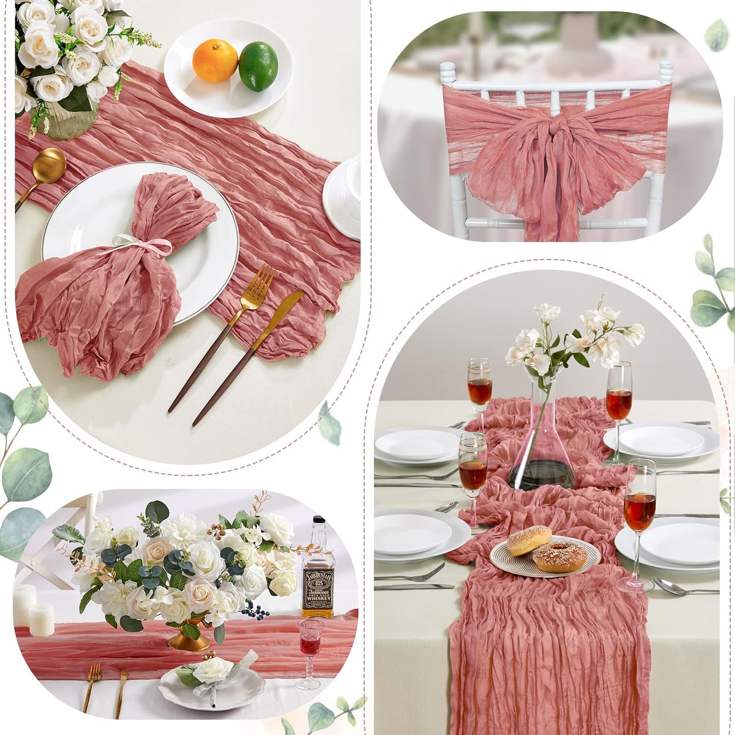 6 Pack Rose Cheesecloth Table Runner 10FT Long Boho Gauze Table Runner Rustic Sheer Runner for Wedding Bridal Baby Shower Birthday Party Table Decor Thanksgiving Christmas Decorations