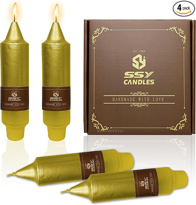5Inch Short Taper Candles Candlesticks Handmade Set of 4 Unscented Smokeless Dripless Tapered Candle Candle Stick for Wedding Christmas Decoration(Gold)