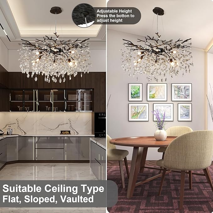 YUYI 30" Black Crystal Chandelier, 10-Light Tree Branch Chandelier for Dining Room, Luxury Round K9 Crystal Raindrop Chandeliers Light Fixture for Living Room Foyer Entryway Bedroom Kitchen