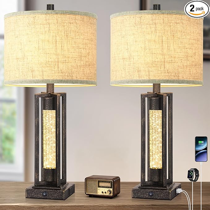 TOBUSA 26’’ Vintage Table Lamps for Living Room Set of 2, Rustic Lamps for Bedroom with 2 USB Ports and Crystal Night Light, Farmhouse Bedside Lamps with Linen Shade for Night Stands End Table, Bronze