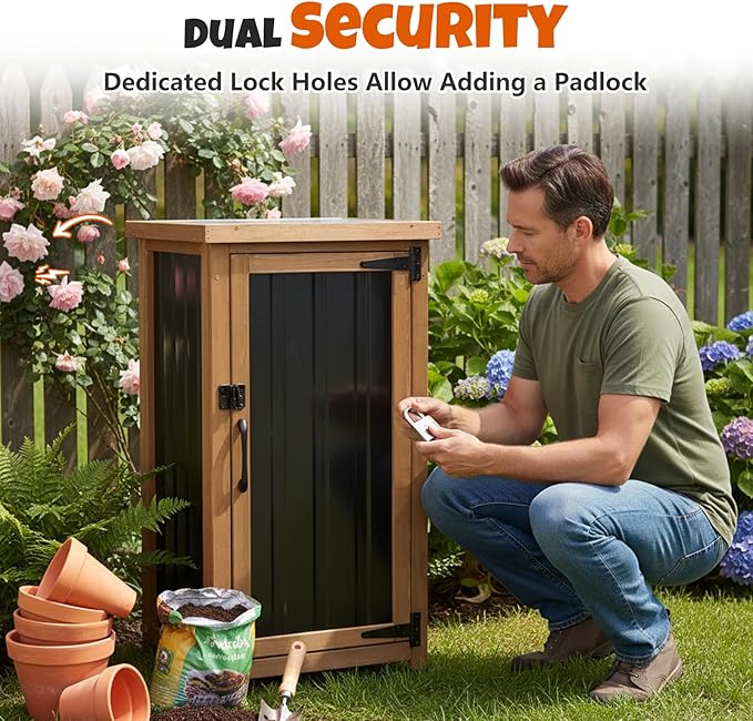 Small Outdoor Storage Cabinet, Wood & Metal Storage Shed with Weatherproof Roof, Removable Shelf, Lockable Door, 2 Metal Hinges, Adjustable Feet, Outside Storage Cabinet