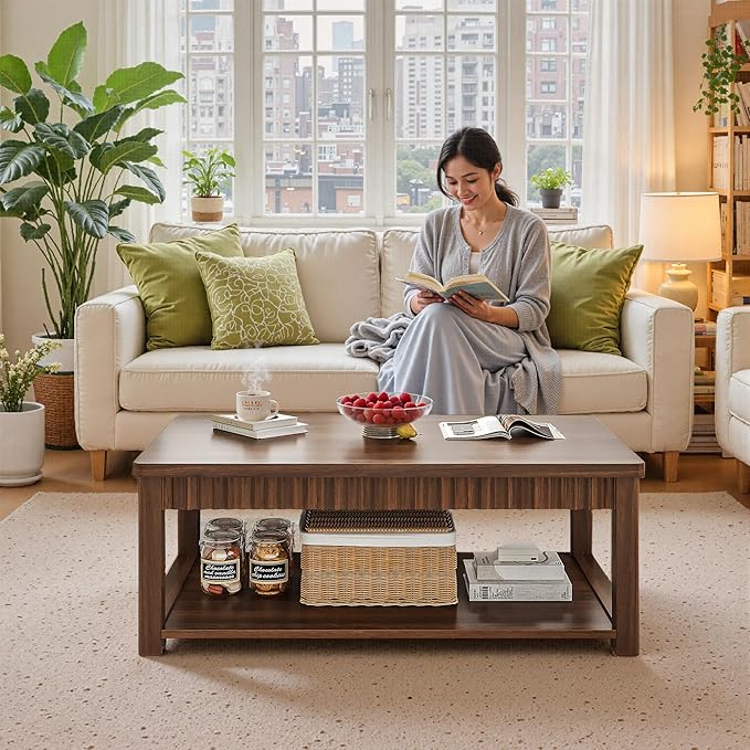 Coffee Table, 39 Inch Modern Coffee Tables for Living Room with 2-Tier Storage & Wave-Edge, Walnut Center Table for Bedroom/Office