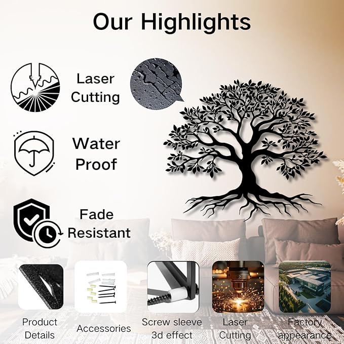 VTHTA Large Tree of Life Metal Wall Art,Tree Wall Sign for Living Room Bedroom Indoor Outdoor Garden Home Decoration (Black, 39" Wx34 H/100x87cm, Metal Wall Art)