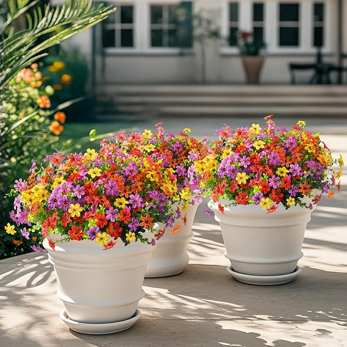 Homsunny Artificial Flowers for Outdoors Spring Home Decoration, 12 Bundles Realistic Faux Flower Daisy with Eucalyptus Stem UV Resistant Fake Plants for Patio Planter Porch Yard Window (4 Colors)
