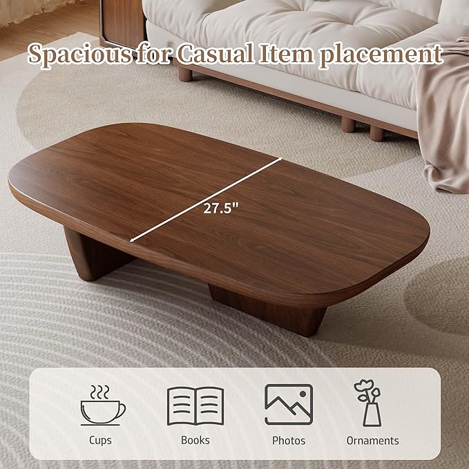 Walnut Coffee Table, Mid Century Modern Decor Low Cocktail Tea Table with Rounded Corners for Living Room, Home, Office, 51.2" Brown
