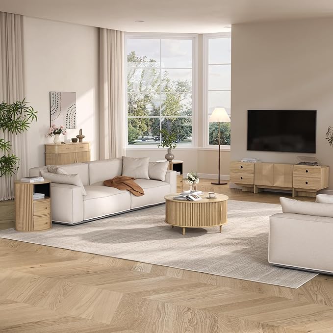 Round Coffee Table with Storage, 31.5" Modern Fluted Drum Coffee Table, Wood Circle Center Table with Sliding Doors & Hidden Compartment for Small Apartment Living Room,Oak
