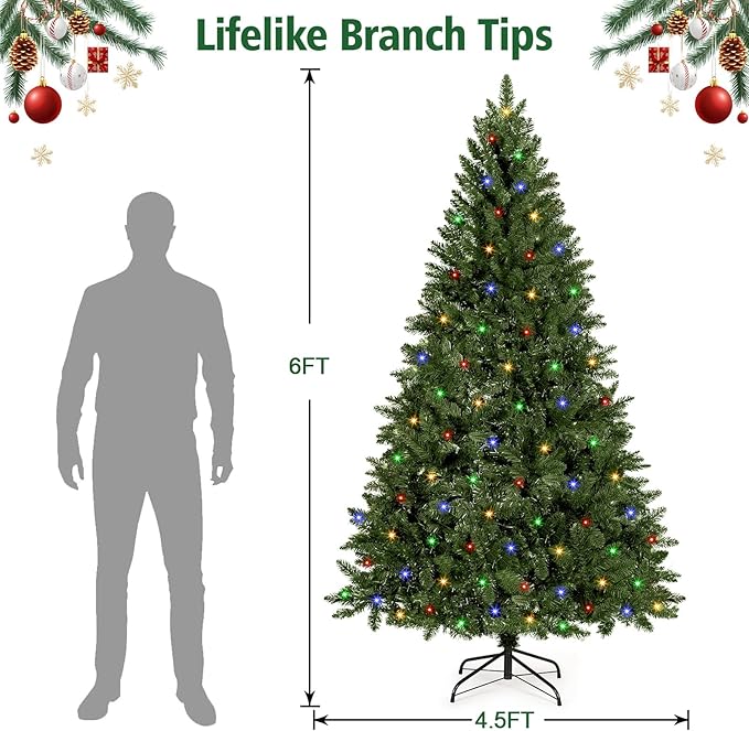 6 FT Pre-Lit Artificial Christmas Tree with 250 Warm White & Multi Lights - 1000 Branch Tips Hinged Spruce for Indoor Outdoor Home Christmas Decorations
