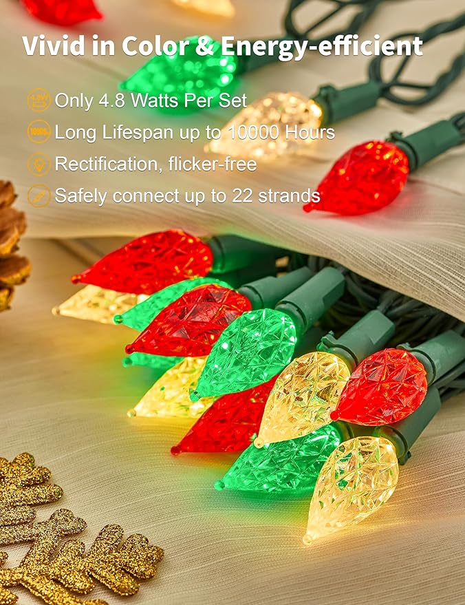 BOHON Red White and Green Christmas Lights Outdoor, Faceted C6 50ft 100 LED String Lights Plug in, Extendable Green Wire Christmas String Lights for Indoor Patio Xmas Tree Decoration
