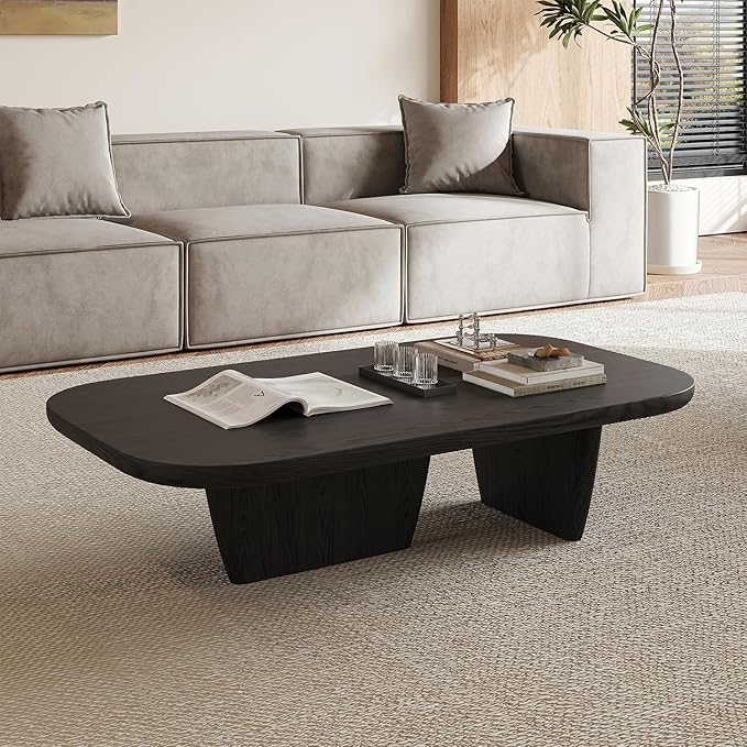 Walnut Coffee Table, Mid Century Modern Decor Low Cocktail Tea Table with Rounded Corners for Living Room, Home, Office,Black