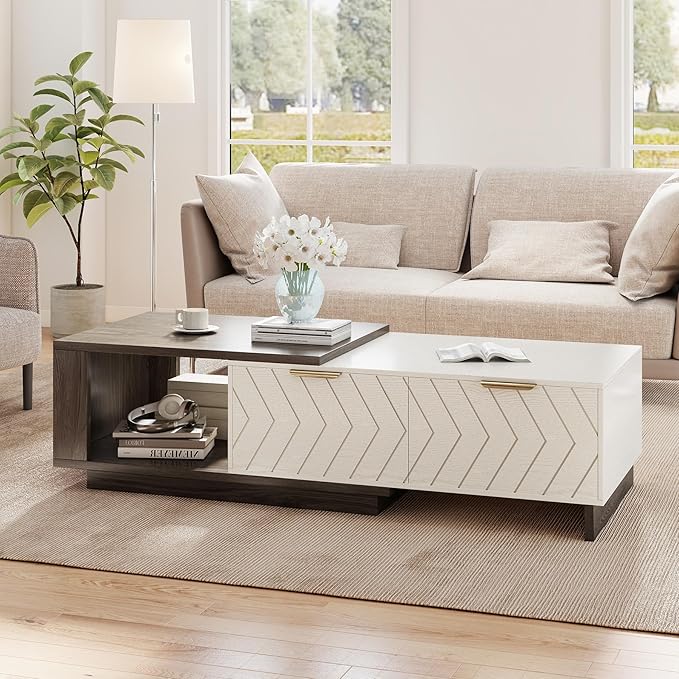 42"- 65" Extendable Coffee Table with Storage, Reversible Wood Coffee Table with 2 Drawers, Two-Tone Large Adjustable Center Table for Living Room, Office (Grey)