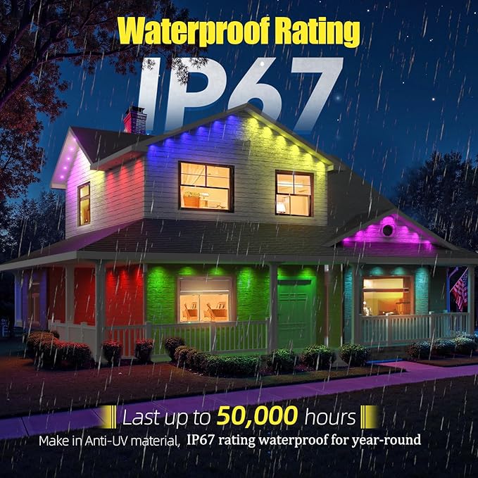 Permanent Outdoor Lights, 50ft RGB+IC Smart LED Lights Outside, IP67 Waterproof Smart Outdoor Decorations with App/Remote Control for Christmas, Halloween, Holiday, Daily, Party