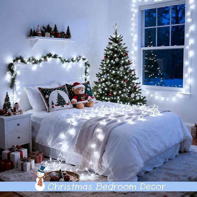 JMEXSUSS 2 Pack 100 LED White Christmas Lights Indoor, 33ft 8 Modes White String Lights Indoor Outdoor Connectable, Clear Wire Christmas String Lights for Bedroom Tree Xmas House Party Decorations