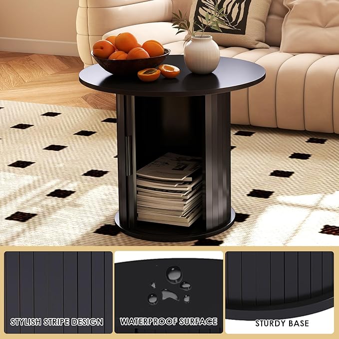 COSVALVE Round Wood Coffee Table 23.6IN with Hidden Storage & Sliding Door, Circle Farmhouse Side Table Sets for Living Room, Bedroom, Balcony, Small Spaces, Black
