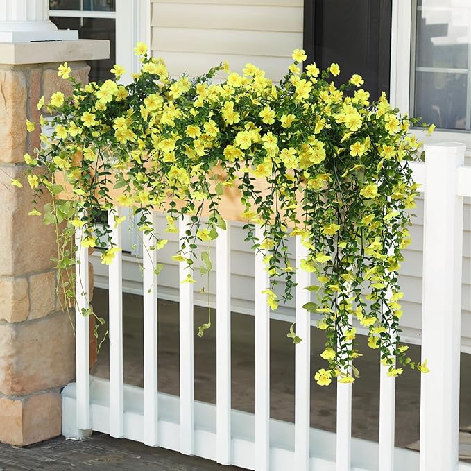 RECUTMS Artificial Hanging Flowers Plants for Outdoors 4 Pcs Fake Mums Plant Decor Realistic Real Touch Silk Flower UV Resistant Trailing Vine Look Real for Yard Porch Patio Garden Balcony (Yellow)