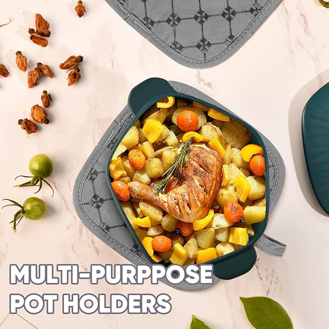 Oven Mitts Kitchen Towels Dishcloths with Pot Holders Sets 12PCS, Dish Towels Sets, Oven Gloves Pot Pads Heat Resistant 500 Degrees with Non-Slip Silicone Surface for Cooking Baking Grilling-Gray