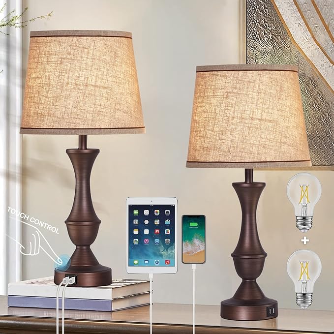 Luvkczc Touch Table Lamps Set of 2, 22" Tall Bedside Lamps with USB C+A Ports, Dimmable Table Lamp, Nightstand Lamps for Bedroom, Living Room, Office, Brown Lamps with Beige Lampshade, Bulbs Included