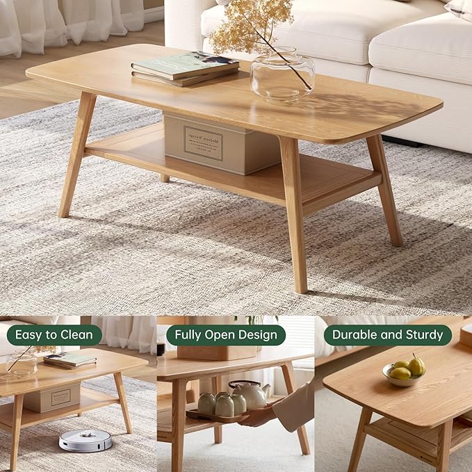 100% Solid Oak Wood Coffee Table for Living Room, 2-Tier Coffee Tables with Shelf Storage, Mid Century Modern Table with Rounded Corners (Natural Colour, 47.24" W x22.05 D x 17.32" H)