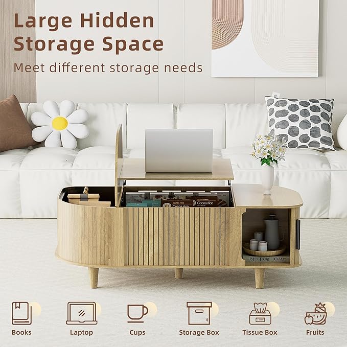 Oval Lift Top Coffee Table, Mid Century Modern Center Table with 3 Hidden Compartment, Coffee Tables with Storage Open Shelf and Sliding Cabinet Door for Home Living Room Office (Natural)